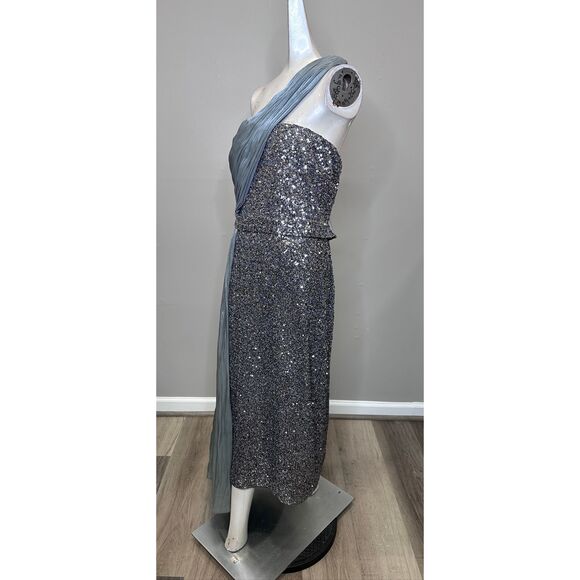 Badgley Mischka One-Shoulder Embellished Cocktail Dress in Pewter US 12 $595 - Picture 8 of 12